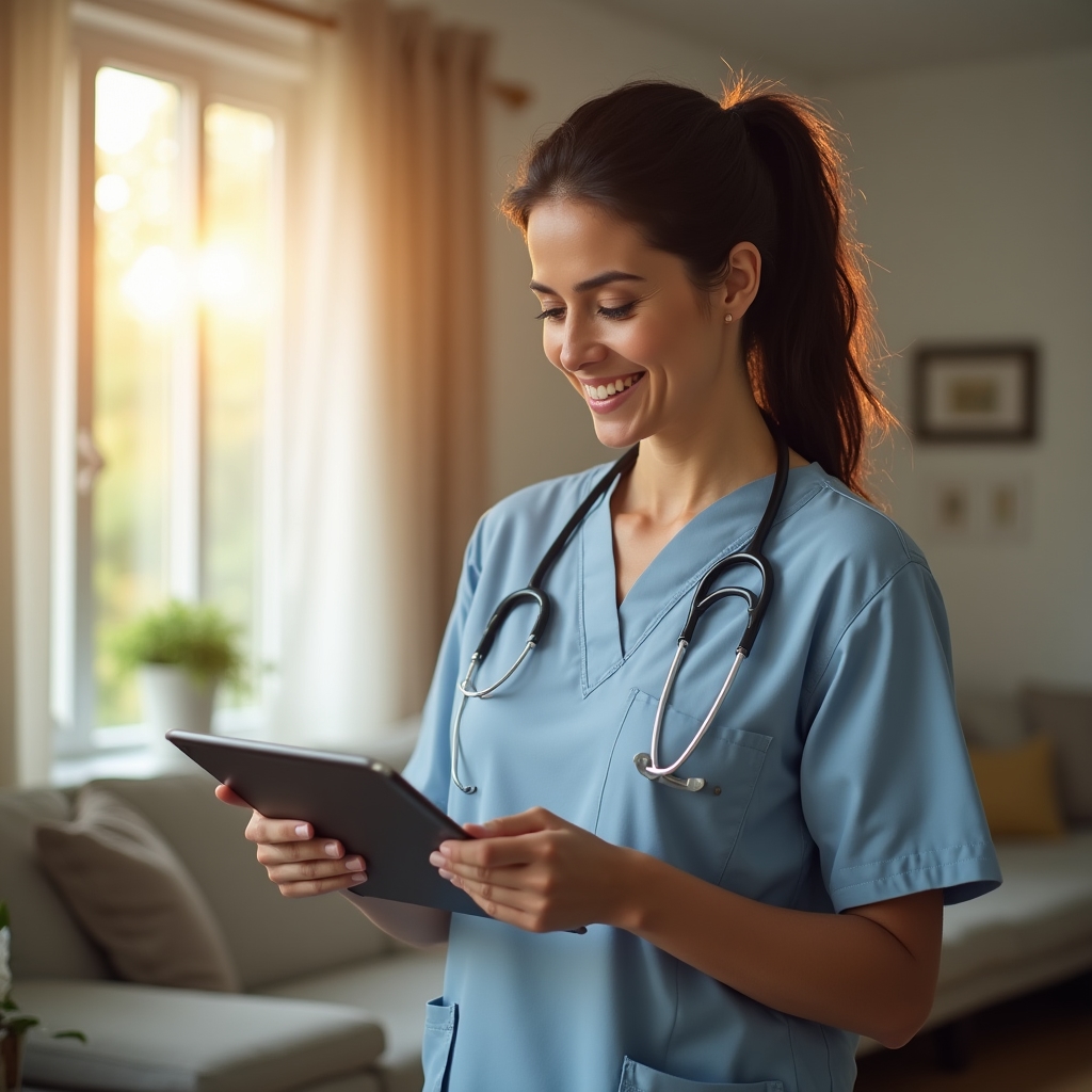 Pflegekraft erfasst Leistungen digital auf Tablet